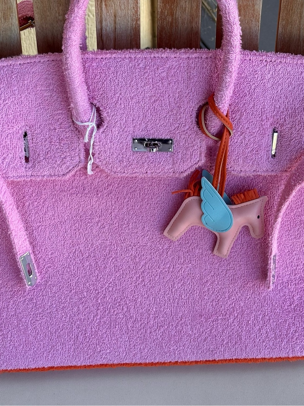 Pink Textured Top-Handle Tote Bag with Unicorn Charm. New - Picture 12 of 15